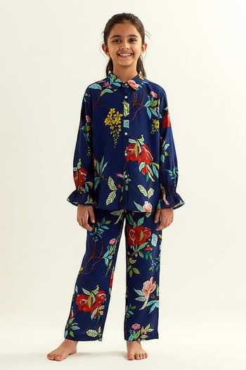 Label Earthen Navy Floral Pattern Shirt Pant Set For Kids