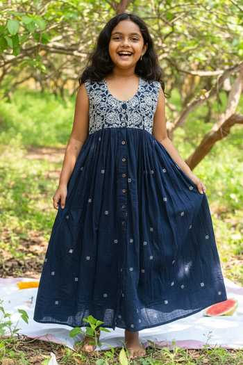 Label Earthen Floral Embroidered Navy Blue Anarkali For Kids