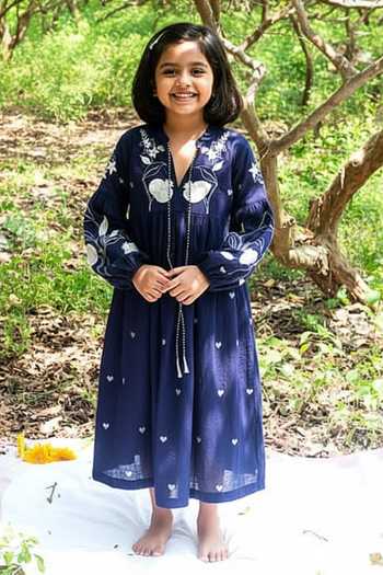 Label Earthen Blue Heart Print Jamdani Tunic For Kids