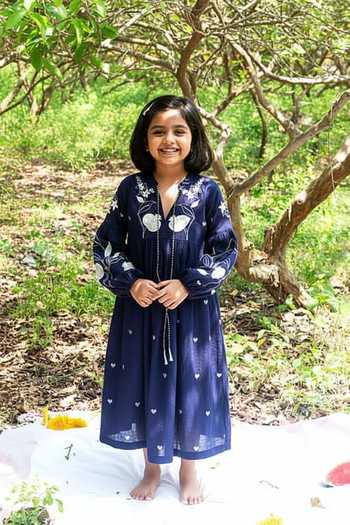 Label Earthen Blue Heart Print Jamdani Tunic For Kids