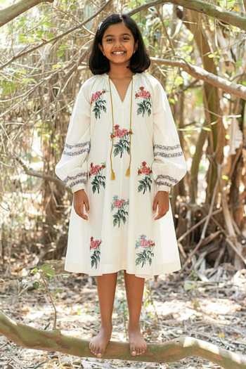 Label Earthen Ivory Floral Printed Chanderi Tunic For Kids