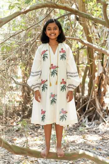 Label Earthen Ivory Floral Printed Chanderi Tunic For Kids