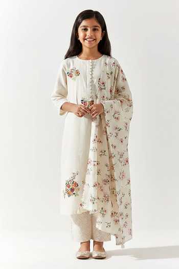 Label Earthen Ivory Floral Embroidered Kurta Set For Kids