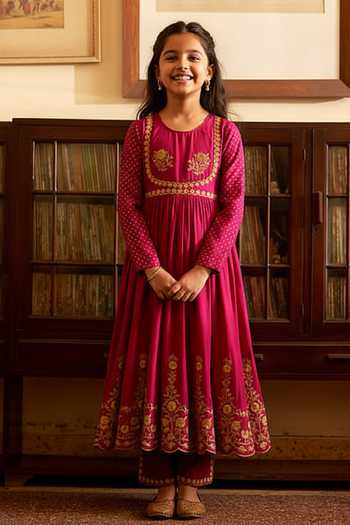 Label Earthen Magenta Zari Embroidered Anarkali & Pant Set For Kids
