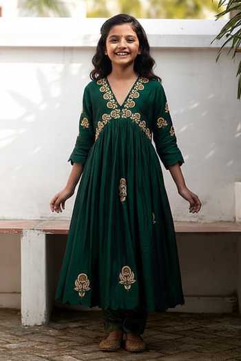 Label Earthen Green Zardozi Embroidered Anarkali & Pant Set For Kids
