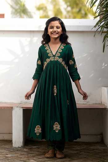 Label Earthen Green Zardozi Embroidered Anarkali & Pant Set For Kids