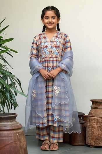 Label Earthen Beige Checkered Kurta Set with Dupatta For Kids