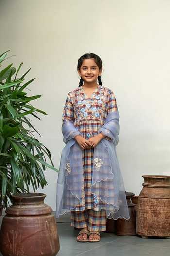 Label Earthen Beige Checkered Kurta Set with Dupatta For Kids