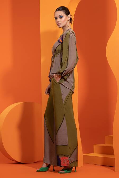 Nautanky_Purple Cotton, Crepe Tassels Round Neck Tie-up Shirt And Pant Set _at_Aza_Fashions