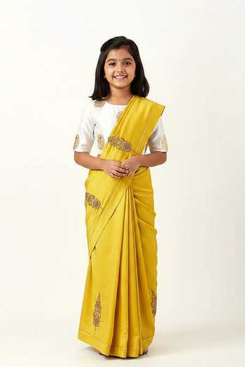 Label Earthen Yellow Floral Embroidered Saree Set For Kids