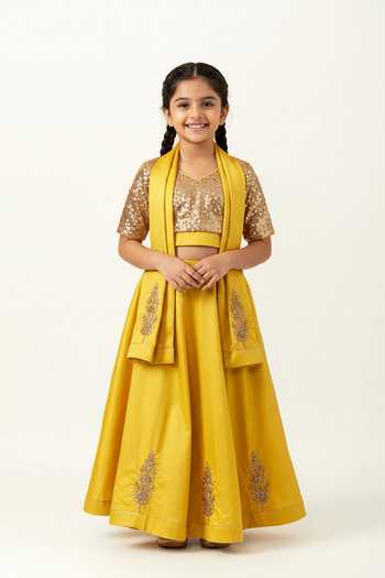 Label Earthen Floral Embroidered Yellow Chiniya Silk Saree For Kids