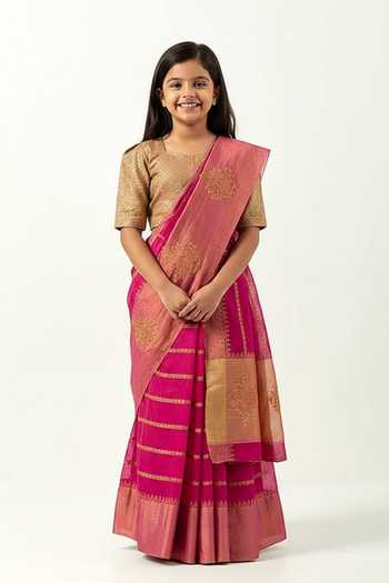 Label Earthen Floral Embroidered Chanderi Silk Saree Set For Kids