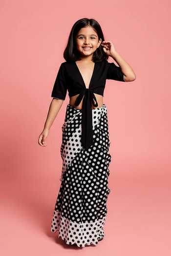 Label Earthen Polka Dot Print Saree & Tie-up Blouse For Kids