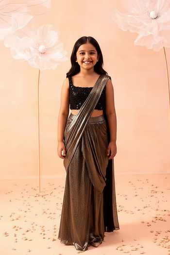 Parul Gandhi Gold & Black Pre-Draped Saree Set For Kids