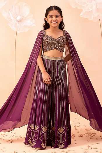 Parul Gandhi Wine Cutwork Hand Embroidered Blouse & Sharara Set For Kids