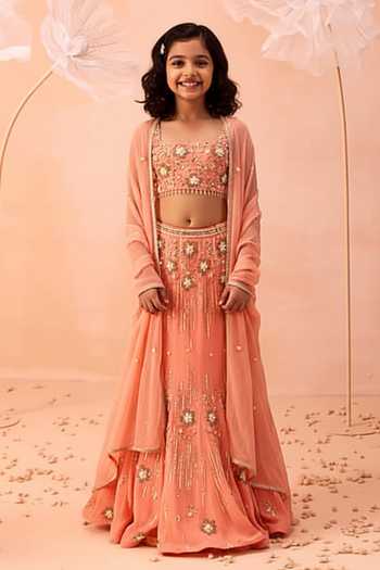 Parul Gandhi Floral Embroidered Peach Mermaid Lehenga Set For Kids