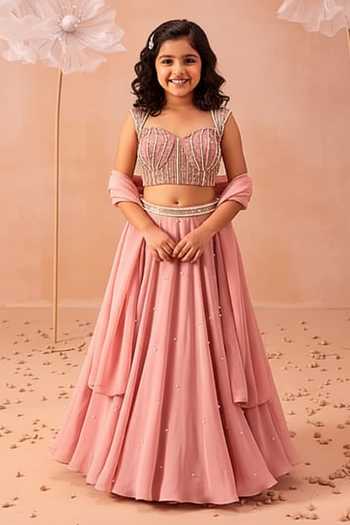 Parul Gandhi Hand Embroidered Blush Pink Lehenga Set For Kids