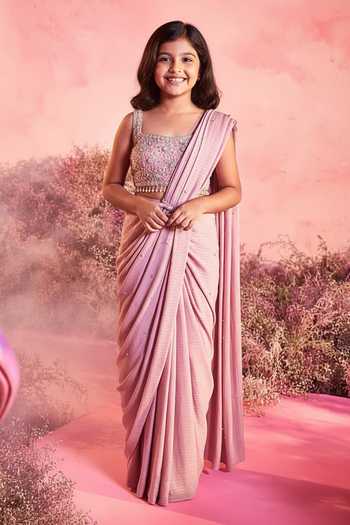 Parul Gandhi Textured Pink Pre-Draped Saree & Blouse For Kids