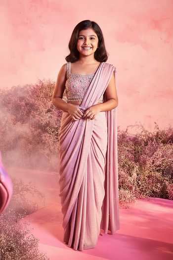 Parul Gandhi Textured Pink Pre-Draped Saree & Blouse For Kids