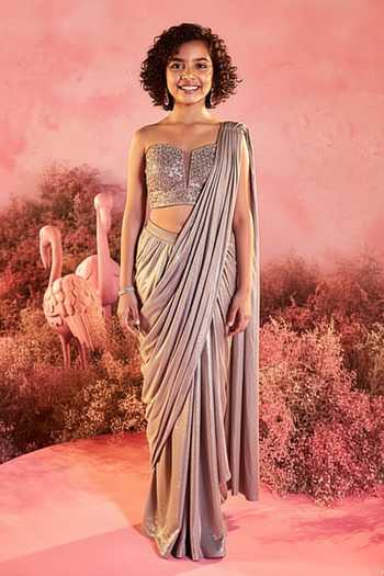Parul Gandhi Silver Sequined Pre-Draped Saree & Corset Blouse For Kids