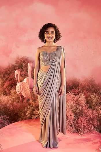 Parul Gandhi Silver Sequined Pre-Draped Saree & Corset Blouse For Kids