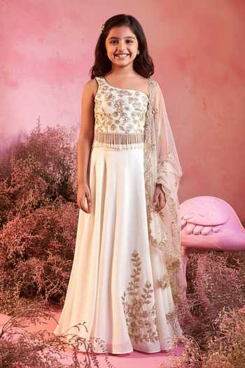 Parul Gandhi Leaf Blade Embroidered Lehenga Saree & Corset Blouse For Kids