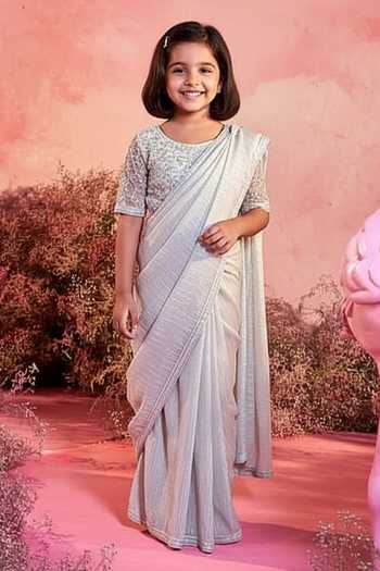 Parul Gandhi Zari Textured Embroidered Saree & Blouse Set For Kids