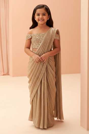 Parul Gandhi Gold Embellished Pre-Draped Saree & Corset For Kids