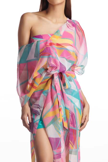 Kai Resortwear_Pink Georgette One Shoulder Geometric Print Kaftan Cover Up _Online_at_Aza_Fashions