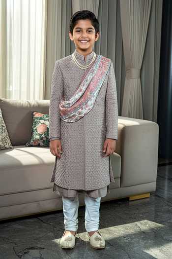 Soniya G Tonal Floral Embroidered Sherwani & Pant Set For Kids
