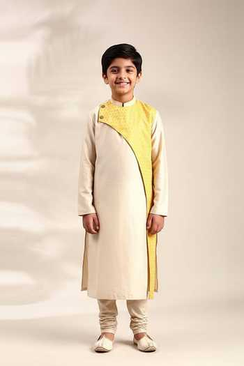Mayank Modi - Men Beige Straight Kurta Set With Churidar For Kids