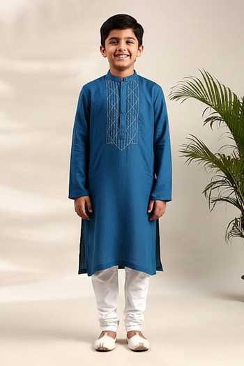 Mayank Modi - Men Thread Detailed Blue Kurta & Churidar Set For Kids