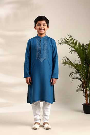 Mayank Modi - Men Thread Detailed Blue Kurta & Churidar Set For Kids
