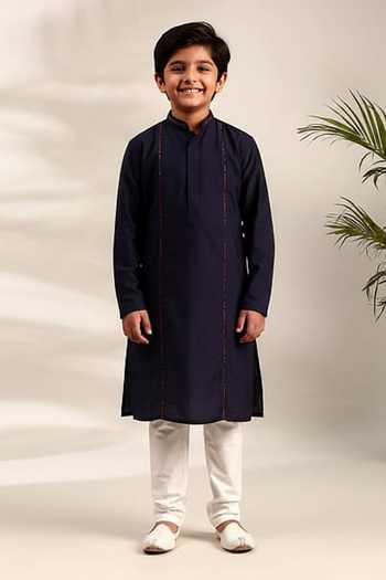 Mayank Modi - Men Blue Silk Cotton Kurta Set For Kids