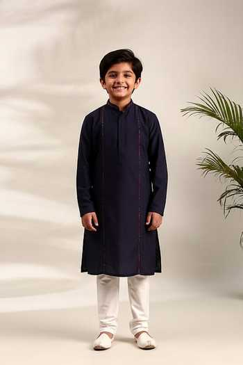 Mayank Modi - Men Blue Silk Cotton Kurta Set For Kids