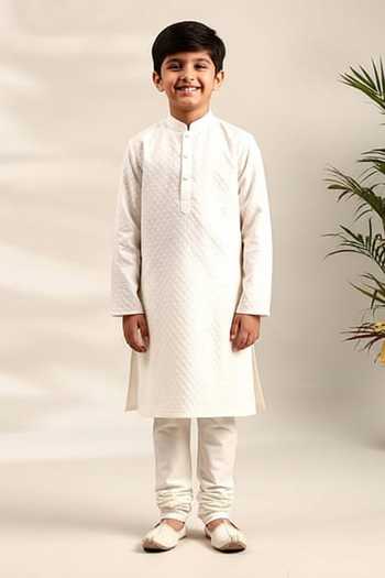 Mayank Modi - Men Ivory Geometric Flower Kurta Set For Kids