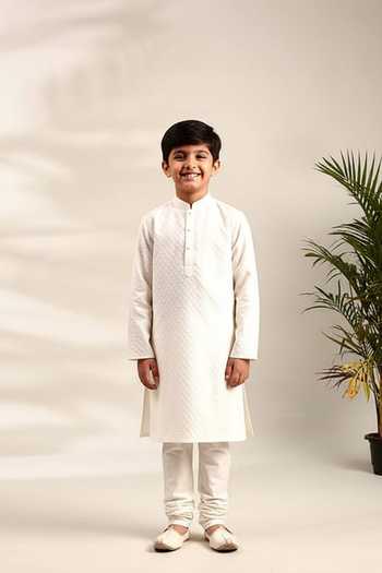 Mayank Modi - Men Ivory Geometric Flower Kurta Set For Kids