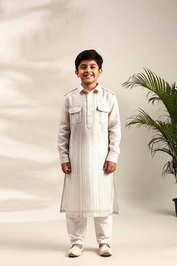 Mayank Modi - Men Ivory Sequin Embellished Pathani Set For Kids