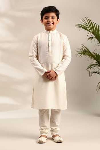 Mayank Modi - Men Ivory Mirror Embellished Kurta Set For Kids