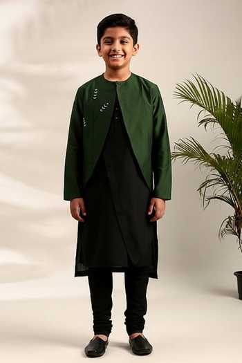 Mayank Modi - Men Floral Embroidered Kurta Set With Jacket For Kids