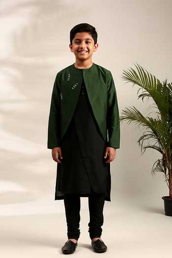 Mayank Modi - Men Floral Embroidered Kurta Set With Jacket For Kids