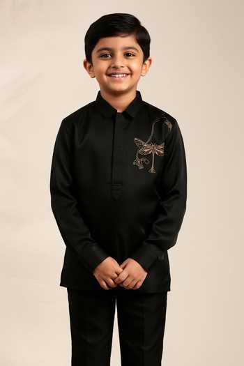 Mayank Modi - Men Dragonfly Embroidered Black Shirt For Kids