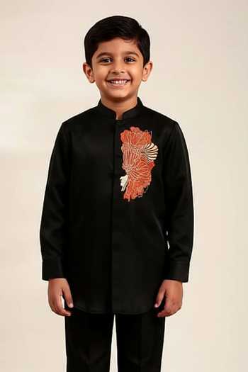 Mayank Modi - Men Floral Embroidered Black Shirt For Kids