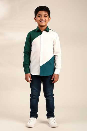 Mayank Modi - Men Geometric Pattern Malai Cotton Shirt For Kids