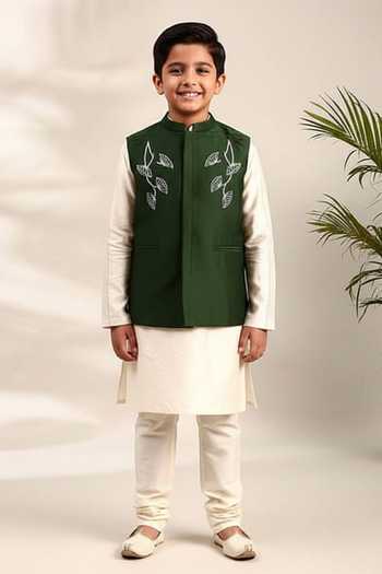 Mayank Modi - Men Floral Thread Embroidered Green Bundi Set For Kids