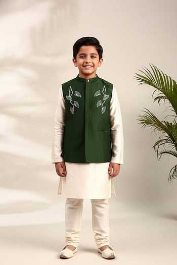 Mayank Modi - Men Floral Thread Embroidered Green Bundi Set For Kids