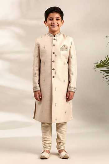 Mayank Modi - Men Gold Mirror & Thread Embroidered Sherwani Set For Kids