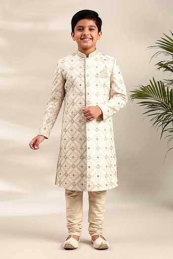 Mayank Modi - Men Geometric Embroidered Sherwani & Churidar Set For Kids