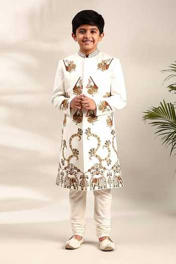 Mayank Modi - Men Ivory Thread Embroidered Sherwani & Churidar Set For Kids