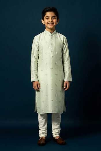 YOSEBA Mint Green Star Cutdana Kurta Set For Kids